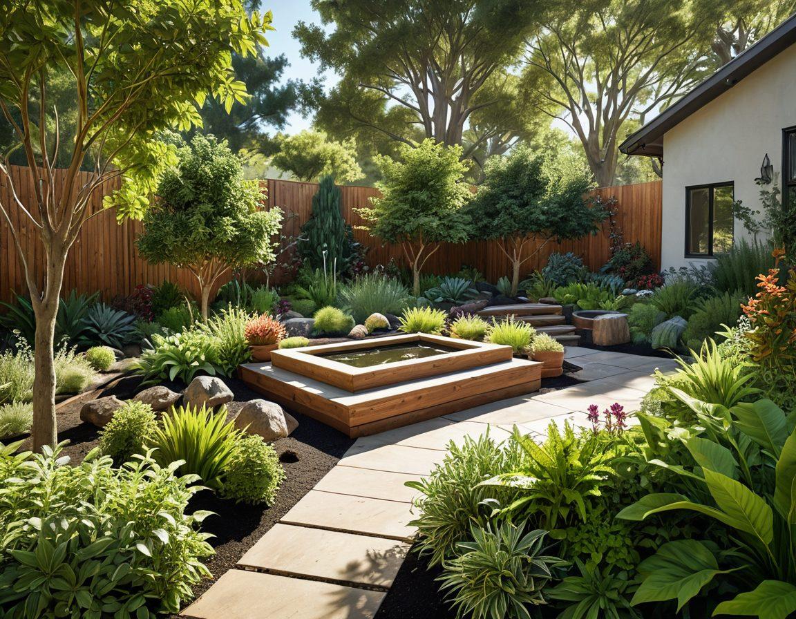 A lush landscape showcasing sustainable gardening techniques, featuring a variety of native plants and trees, with a certified arborist demonstrating tree care. Include compost bins, rainwater harvesting, and eco-friendly garden tools in the background. Bright sunlight filtering through the leaves, creating a serene atmosphere. super-realistic. vibrant colors. 3D.