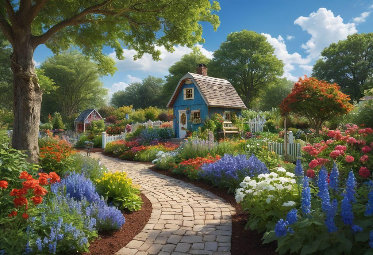 A lush, vibrant garden scene featuring a variety of well-cared-for trees, colorful flower beds, and a serene walking path. Include a gardener tending to the plants, surrounded by tools and a watering can, symbolizing nurturing. In the background, a bright blue sky with fluffy clouds adds to the beauty. Incorporate elements of sustainable practices, like a compost bin and birdhouses. super-realistic. vibrant colors. natural light.