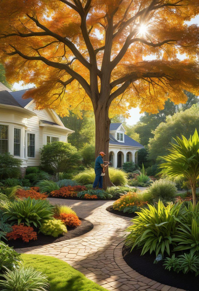 A serene landscape showcasing a certified arborist assessing a majestic tree's health, equipped with pruning tools. In the background, different tree species display vibrant foliage, and a variety of sustainable gardening techniques are illustrated, such as mulching and companion planting. The scene is set under a clear blue sky with sunlight filtering through the leaves. The focus is on a harmonious balance between nature and human intervention. super-realistic. vibrant colors. 3D.